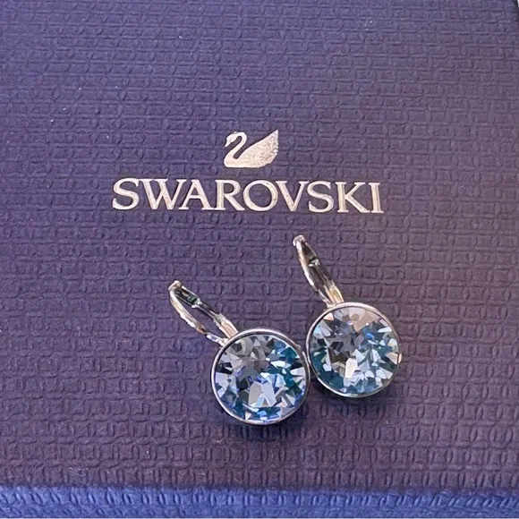 Authentic Swarovski MINI Bella Blue Crystal Bezel Rhodium Lever Back Earrings - Picture 4 of 16